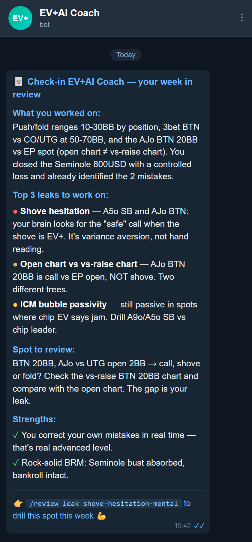 EV+AI Coach Telegram check-in example